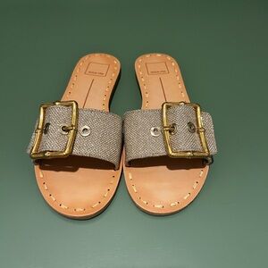 Dolce Vita Tan Canvas Slide Sandals with Gold Buckles